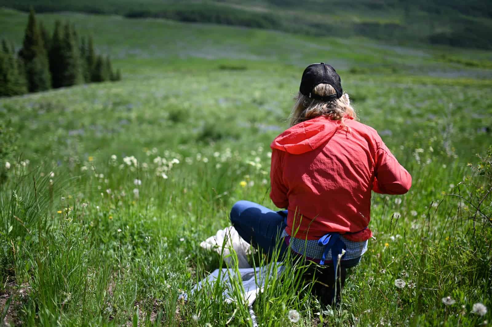 woman in red long sleeve shirt and blue denim jeans sitting on green grass field during